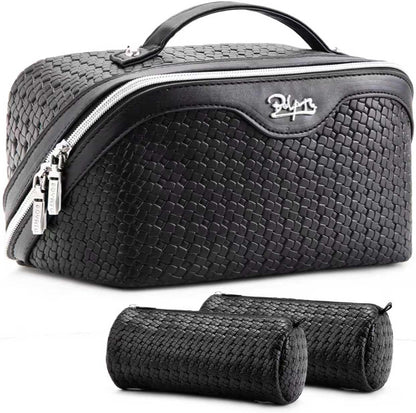 Travel Makeup Bag Cosmetic Bags for Women: Large Capacity 3 Pcs Set Make up Bag with Compartments - Waterproof Vegan Leather Toiletry Organizer Bags with Handle (Z-65Light Green)
