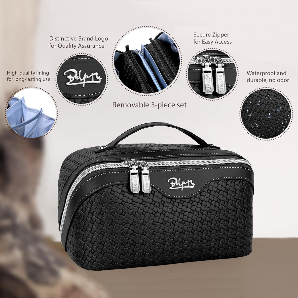 Travel Makeup Bag Cosmetic Bags for Women: Large Capacity 3 Pcs Set Make up Bag with Compartments - Waterproof Vegan Leather Toiletry Organizer Bags with Handle (Z-65Light Green)