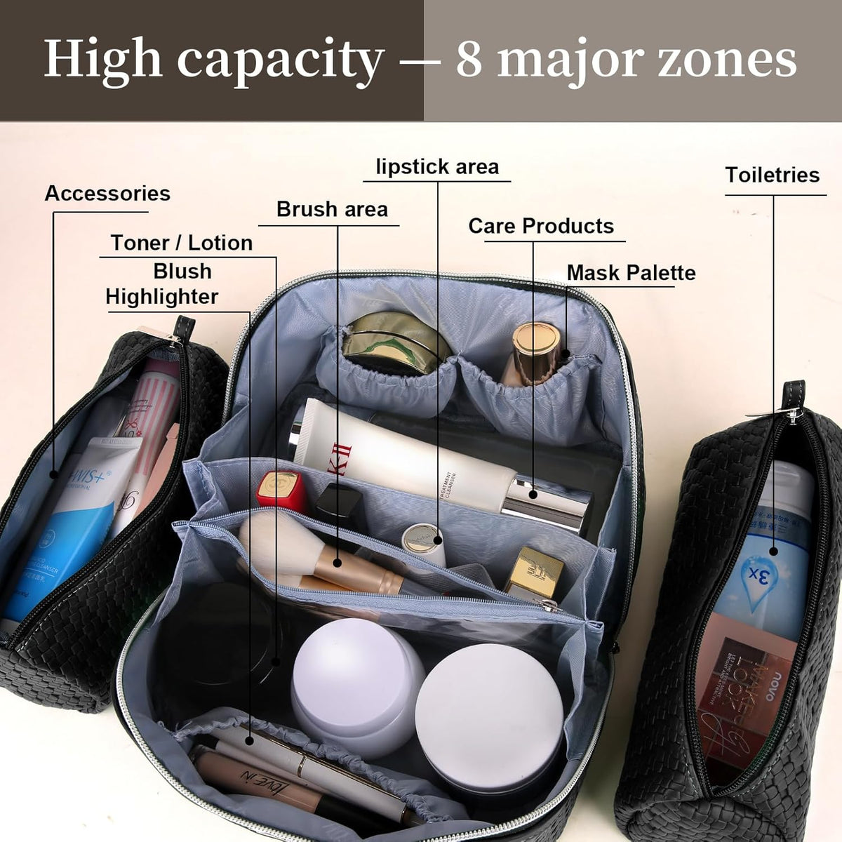 Travel Makeup Bag Cosmetic Bags for Women: Large Capacity 3 Pcs Set Make up Bag with Compartments - Waterproof Vegan Leather Toiletry Organizer Bags with Handle (Z-65Light Green)