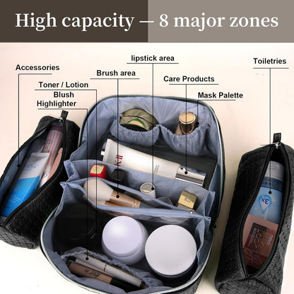 Travel Makeup Bag Cosmetic Bags for Women: Large Capacity 3 Pcs Set Make up Bag with Compartments - Waterproof Vegan Leather Toiletry Organizer Bags with Handle (Z-65Light Green)