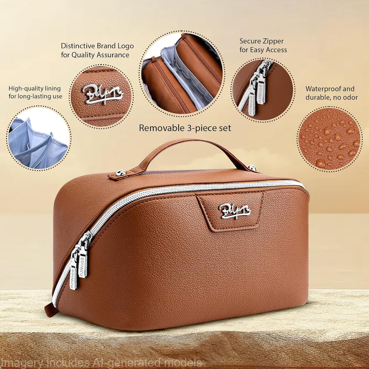 Travel Makeup Bag Cosmetic Bags for Women: Large Capacity 3 Pcs Set Make up Bag with Compartments - Waterproof Vegan Leather Toiletry Organizer Bags with Handle (Z-65Light Green)