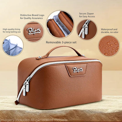 Travel Makeup Bag Cosmetic Bags for Women: Large Capacity 3 Pcs Set Make up Bag with Compartments - Waterproof Vegan Leather Toiletry Organizer Bags with Handle (Z-65Light Green)