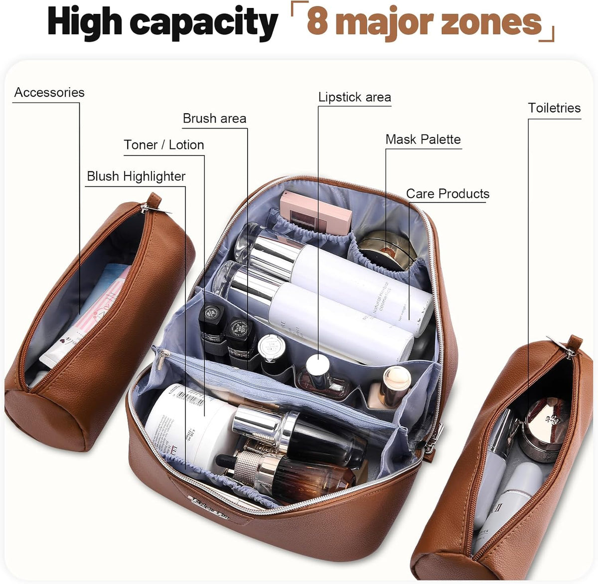 Travel Makeup Bag Cosmetic Bags for Women: Large Capacity 3 Pcs Set Make up Bag with Compartments - Waterproof Vegan Leather Toiletry Organizer Bags with Handle (Z-65Light Green)