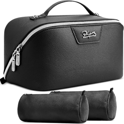 Travel Makeup Bag Cosmetic Bags for Women: Large Capacity 3 Pcs Set Make up Bag with Compartments - Waterproof Vegan Leather Toiletry Organizer Bags with Handle (Z-65Light Green)