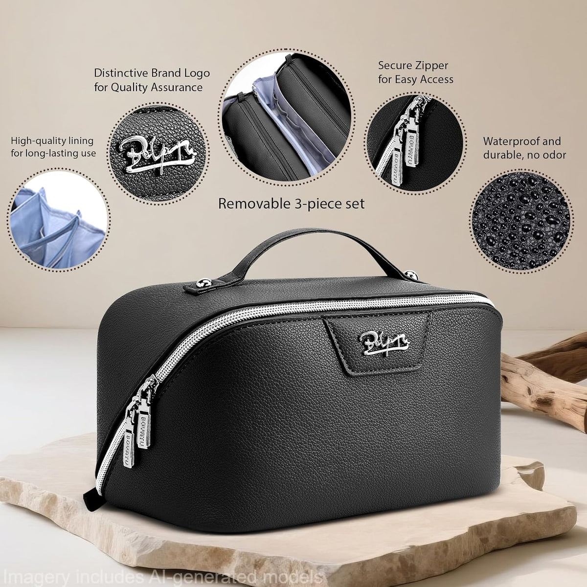 Travel Makeup Bag Cosmetic Bags for Women: Large Capacity 3 Pcs Set Make up Bag with Compartments - Waterproof Vegan Leather Toiletry Organizer Bags with Handle (Z-65Light Green)