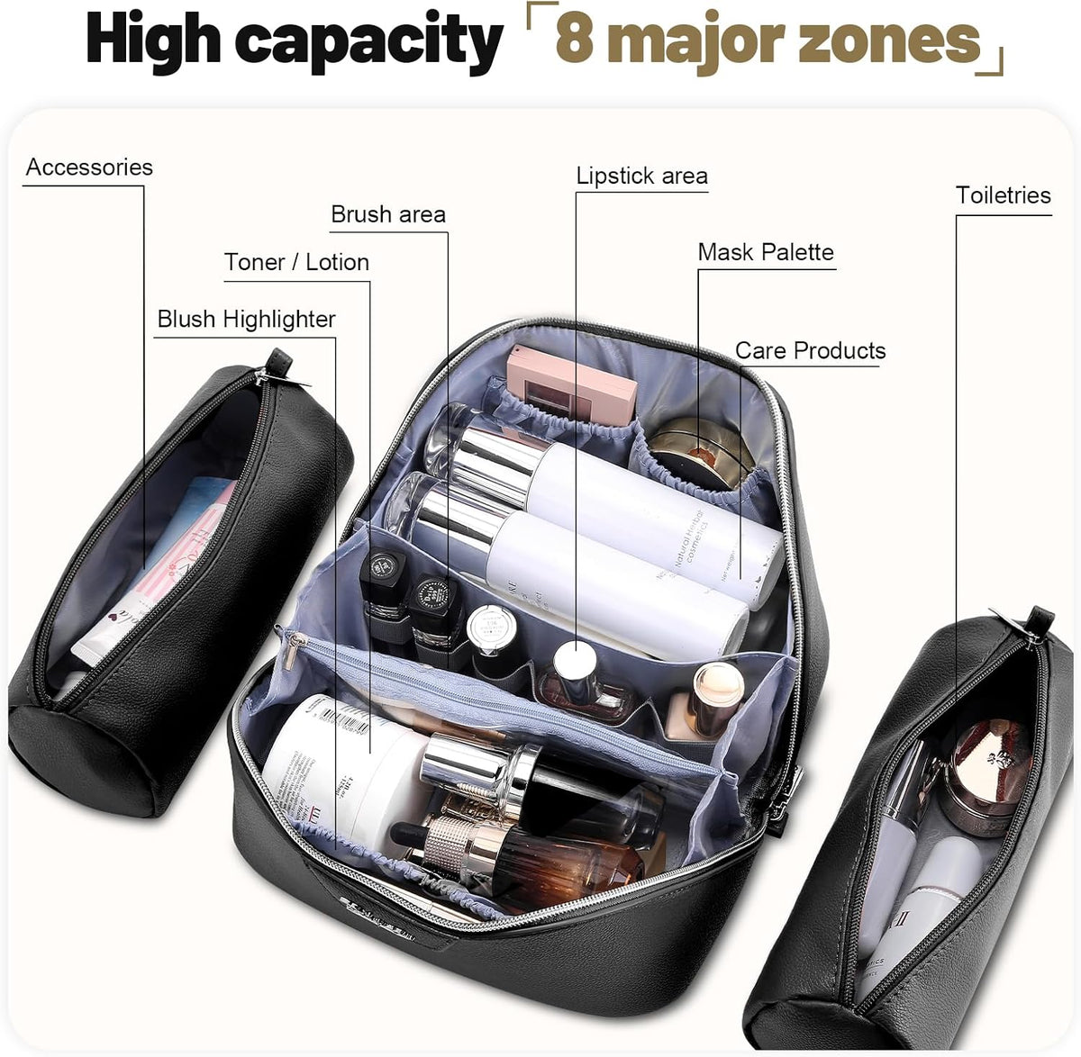 Travel Makeup Bag Cosmetic Bags for Women: Large Capacity 3 Pcs Set Make up Bag with Compartments - Waterproof Vegan Leather Toiletry Organizer Bags with Handle (Z-65Light Green)