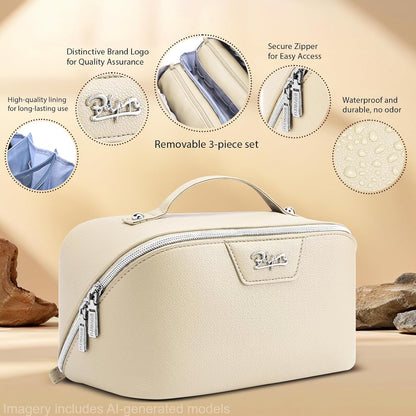 Travel Makeup Bag Cosmetic Bags for Women: Large Capacity 3 Pcs Set Make up Bag with Compartments - Waterproof Vegan Leather Toiletry Organizer Bags with Handle (Z-65Light Green)