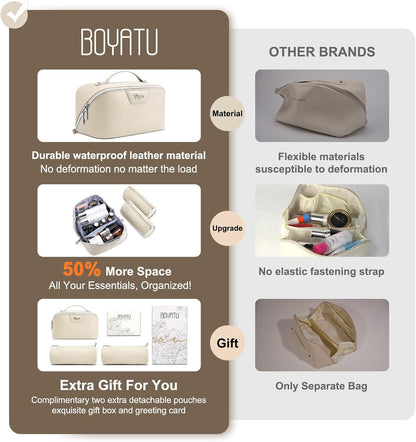 Travel Makeup Bag Cosmetic Bags for Women: Large Capacity 3 Pcs Set Make up Bag with Compartments - Waterproof Vegan Leather Toiletry Organizer Bags with Handle (Z-65Light Green)