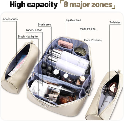 Travel Makeup Bag Cosmetic Bags for Women: Large Capacity 3 Pcs Set Make up Bag with Compartments - Waterproof Vegan Leather Toiletry Organizer Bags with Handle (Z-65Light Green)