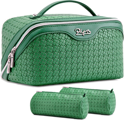 Travel Makeup Bag Cosmetic Bags for Women: Large Capacity 3 Pcs Set Make up Bag with Compartments - Waterproof Vegan Leather Toiletry Organizer Bags with Handle (Z-65Light Green)