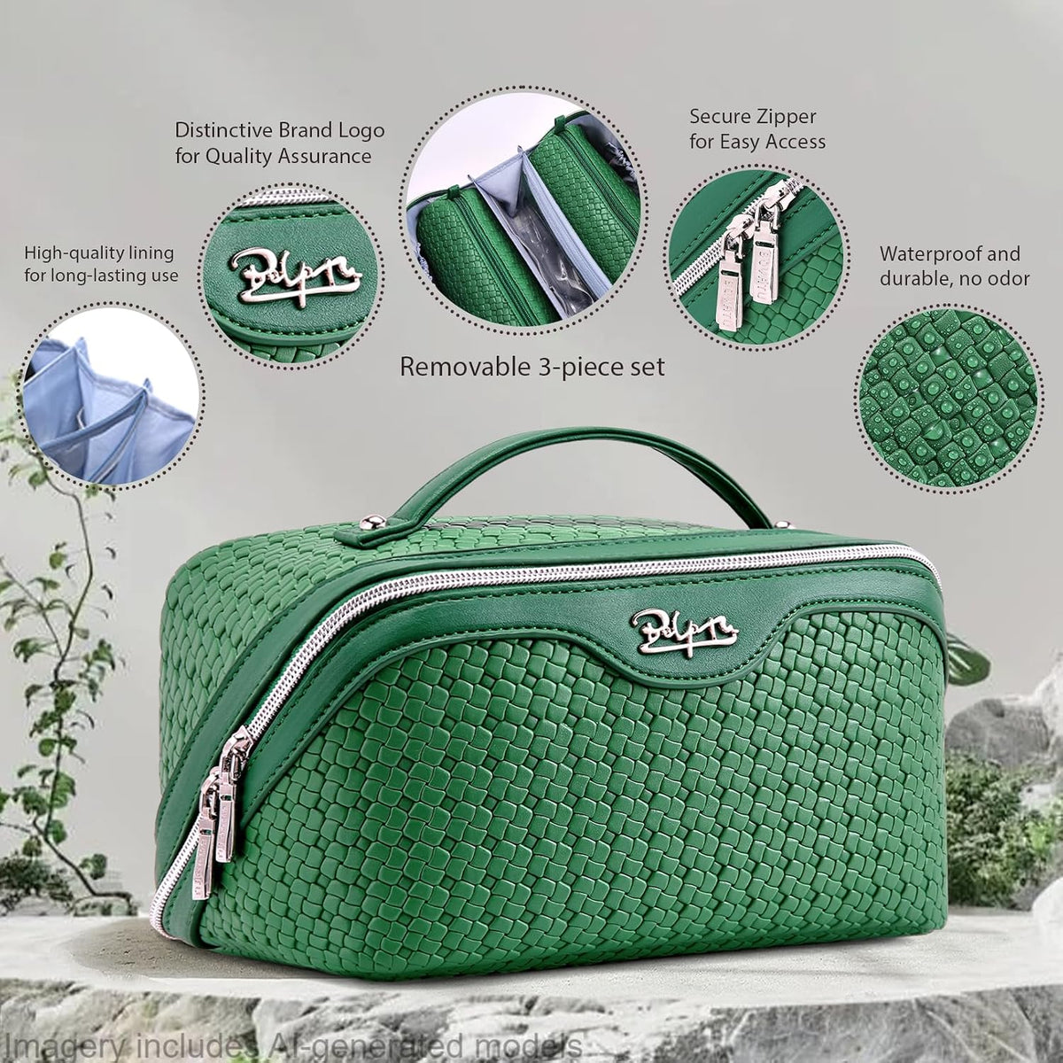 Travel Makeup Bag Cosmetic Bags for Women: Large Capacity 3 Pcs Set Make up Bag with Compartments - Waterproof Vegan Leather Toiletry Organizer Bags with Handle (Z-65Light Green)