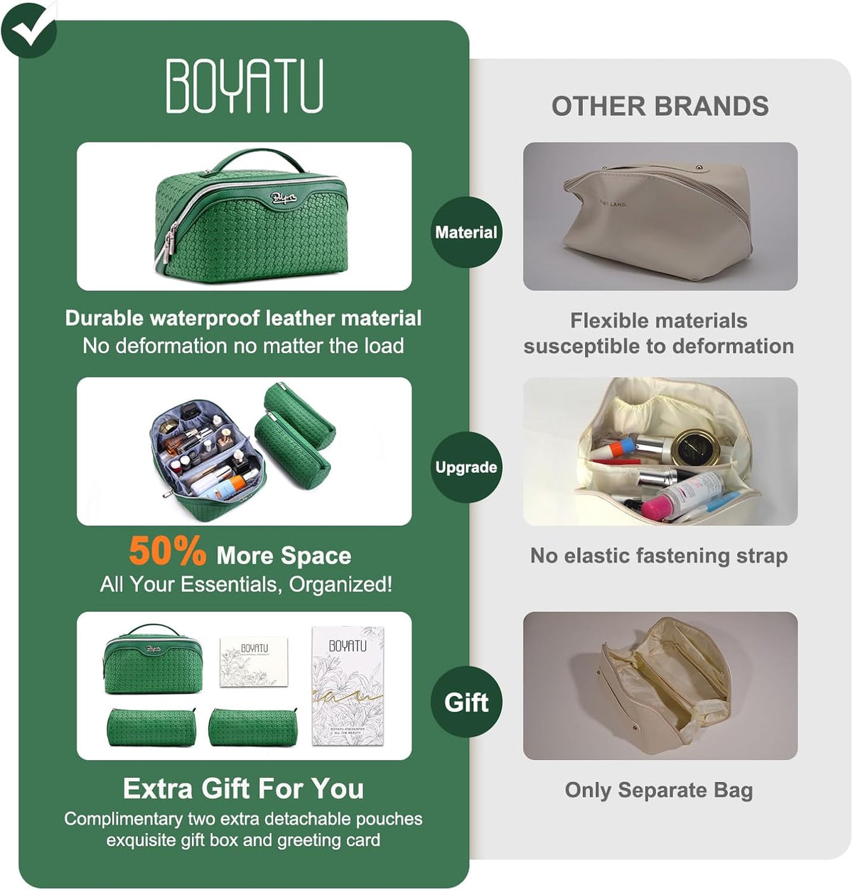 Travel Makeup Bag Cosmetic Bags for Women: Large Capacity 3 Pcs Set Make up Bag with Compartments - Waterproof Vegan Leather Toiletry Organizer Bags with Handle (Z-65Light Green)