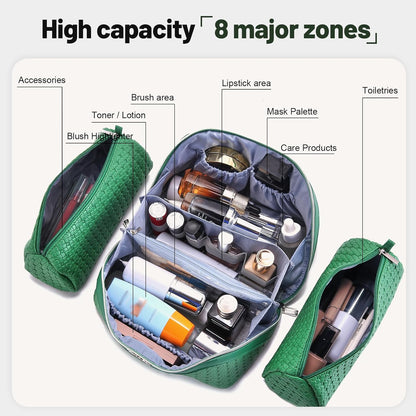 Travel Makeup Bag Cosmetic Bags for Women: Large Capacity 3 Pcs Set Make up Bag with Compartments - Waterproof Vegan Leather Toiletry Organizer Bags with Handle (Z-65Light Green)