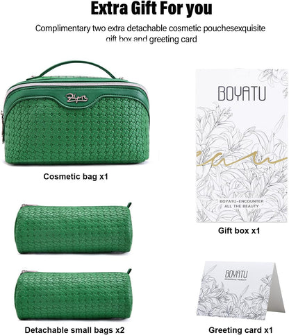 Travel Makeup Bag Cosmetic Bags for Women: Large Capacity 3 Pcs Set Make up Bag with Compartments - Waterproof Vegan Leather Toiletry Organizer Bags with Handle (Z-65Light Green)