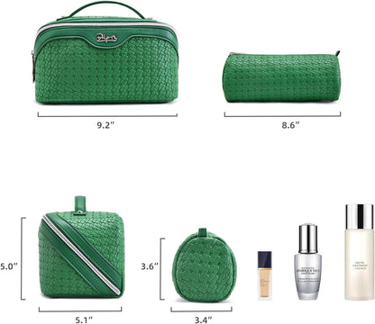 Travel Makeup Bag Cosmetic Bags for Women: Large Capacity 3 Pcs Set Make up Bag with Compartments - Waterproof Vegan Leather Toiletry Organizer Bags with Handle (Z-65Light Green)