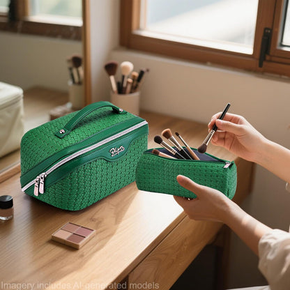 Travel Makeup Bag Cosmetic Bags for Women: Large Capacity 3 Pcs Set Make up Bag with Compartments - Waterproof Vegan Leather Toiletry Organizer Bags with Handle (Z-65Light Green)