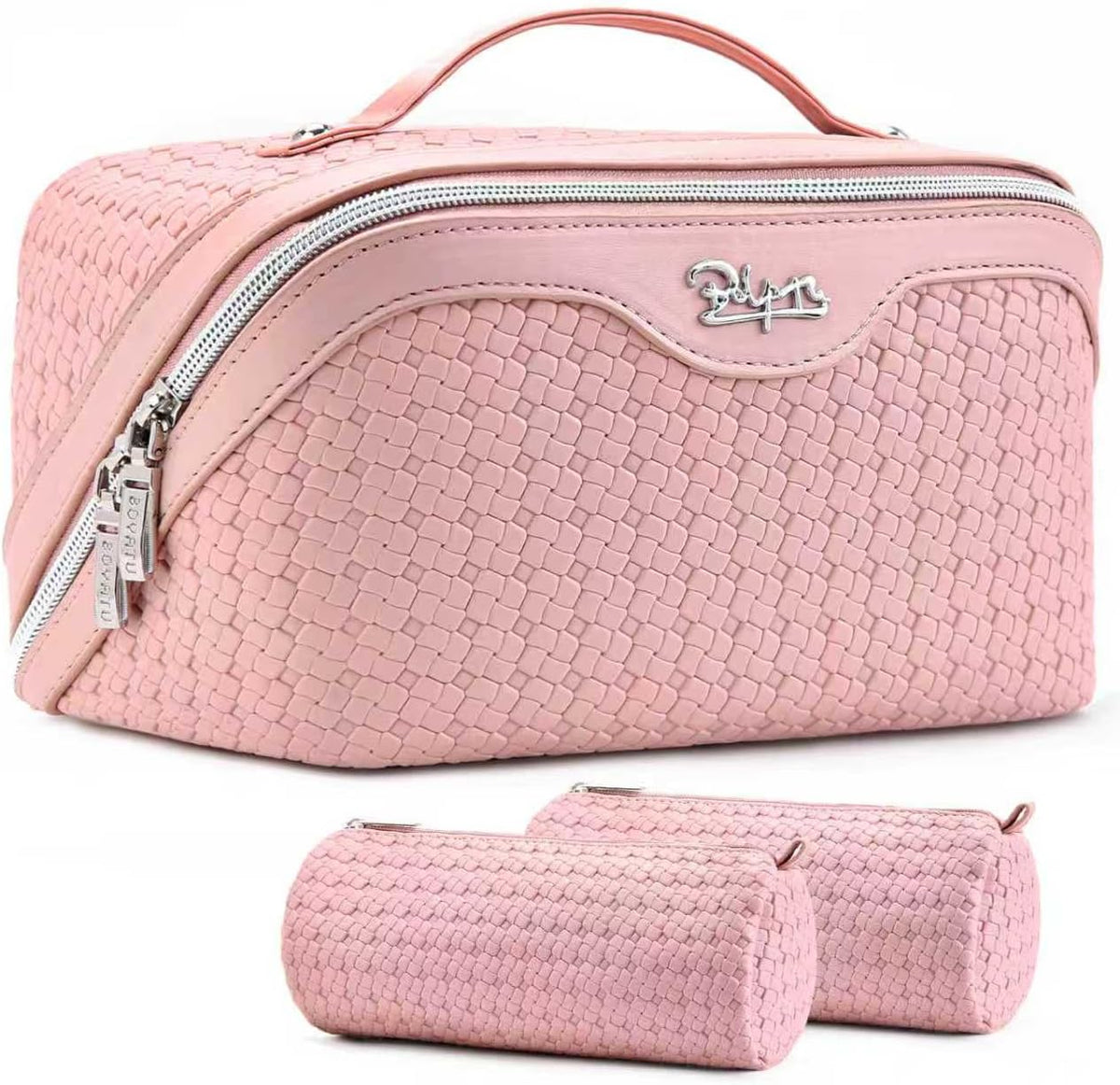Travel Makeup Bag Cosmetic Bags for Women: Large Capacity 3 Pcs Set Make up Bag with Compartments - Waterproof Vegan Leather Toiletry Organizer Bags with Handle (Z-65Light Green)