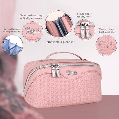 Travel Makeup Bag Cosmetic Bags for Women: Large Capacity 3 Pcs Set Make up Bag with Compartments - Waterproof Vegan Leather Toiletry Organizer Bags with Handle (Z-65Light Green)