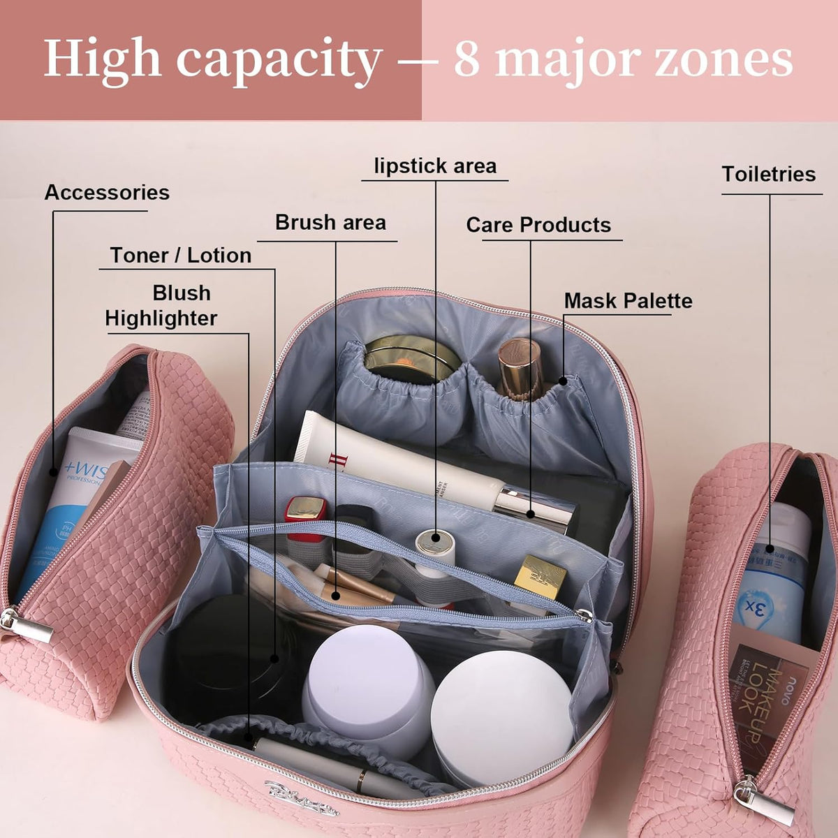 Travel Makeup Bag Cosmetic Bags for Women: Large Capacity 3 Pcs Set Make up Bag with Compartments - Waterproof Vegan Leather Toiletry Organizer Bags with Handle (Z-65Light Green)