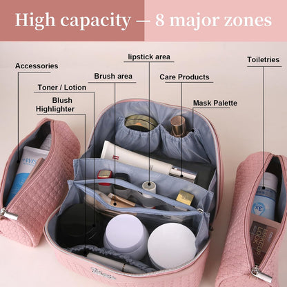 Travel Makeup Bag Cosmetic Bags for Women: Large Capacity 3 Pcs Set Make up Bag with Compartments - Waterproof Vegan Leather Toiletry Organizer Bags with Handle (Z-65Light Green)