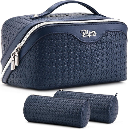 Travel Makeup Bag Cosmetic Bags for Women: Large Capacity 3 Pcs Set Make up Bag with Compartments - Waterproof Vegan Leather Toiletry Organizer Bags with Handle (Z-65Light Green)