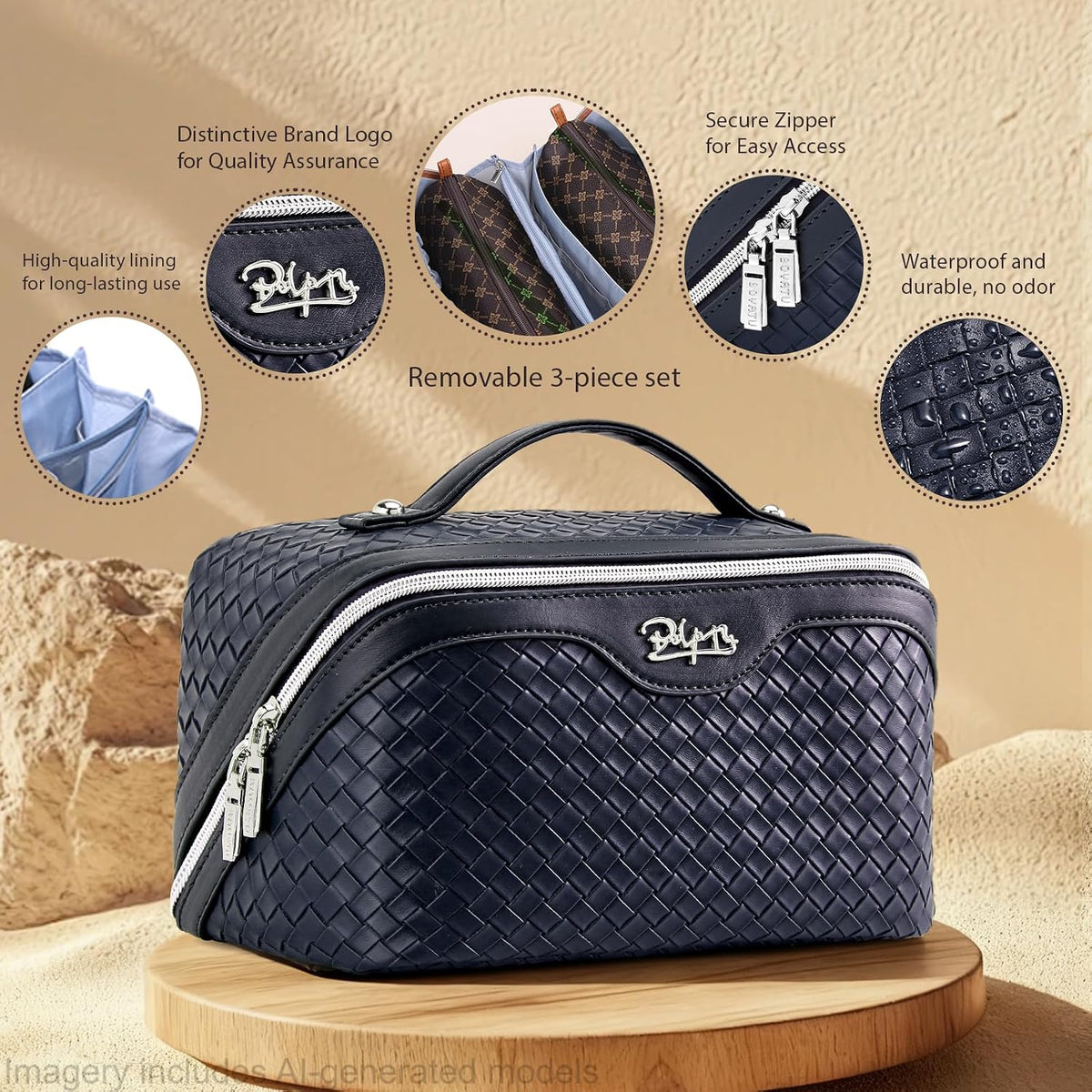 Travel Makeup Bag Cosmetic Bags for Women: Large Capacity 3 Pcs Set Make up Bag with Compartments - Waterproof Vegan Leather Toiletry Organizer Bags with Handle (Z-65Light Green)