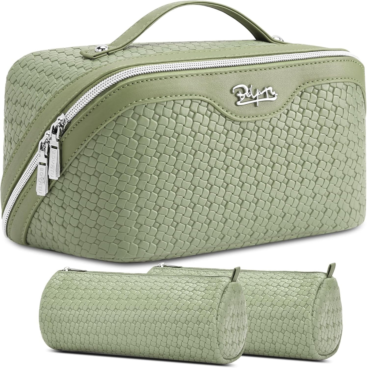 Travel Makeup Bag Cosmetic Bags for Women: Large Capacity 3 Pcs Set Make up Bag with Compartments - Waterproof Vegan Leather Toiletry Organizer Bags with Handle (Z-65Light Green)