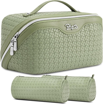 Travel Makeup Bag Cosmetic Bags for Women: Large Capacity 3 Pcs Set Make up Bag with Compartments - Waterproof Vegan Leather Toiletry Organizer Bags with Handle (Z-65Light Green)