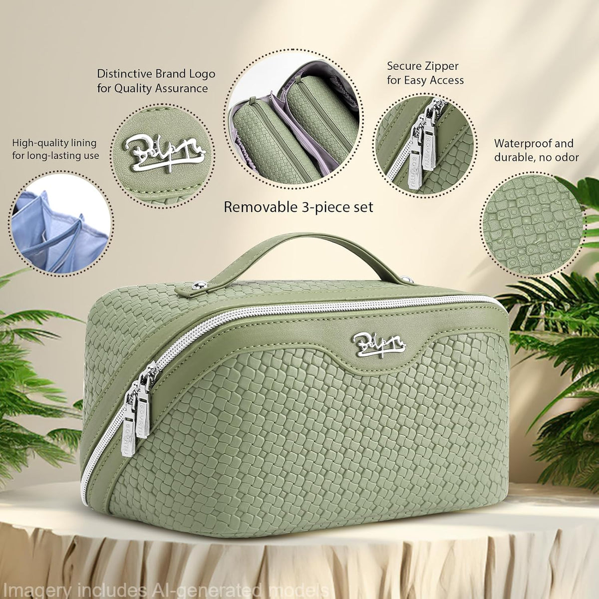 Travel Makeup Bag Cosmetic Bags for Women: Large Capacity 3 Pcs Set Make up Bag with Compartments - Waterproof Vegan Leather Toiletry Organizer Bags with Handle (Z-65Light Green)