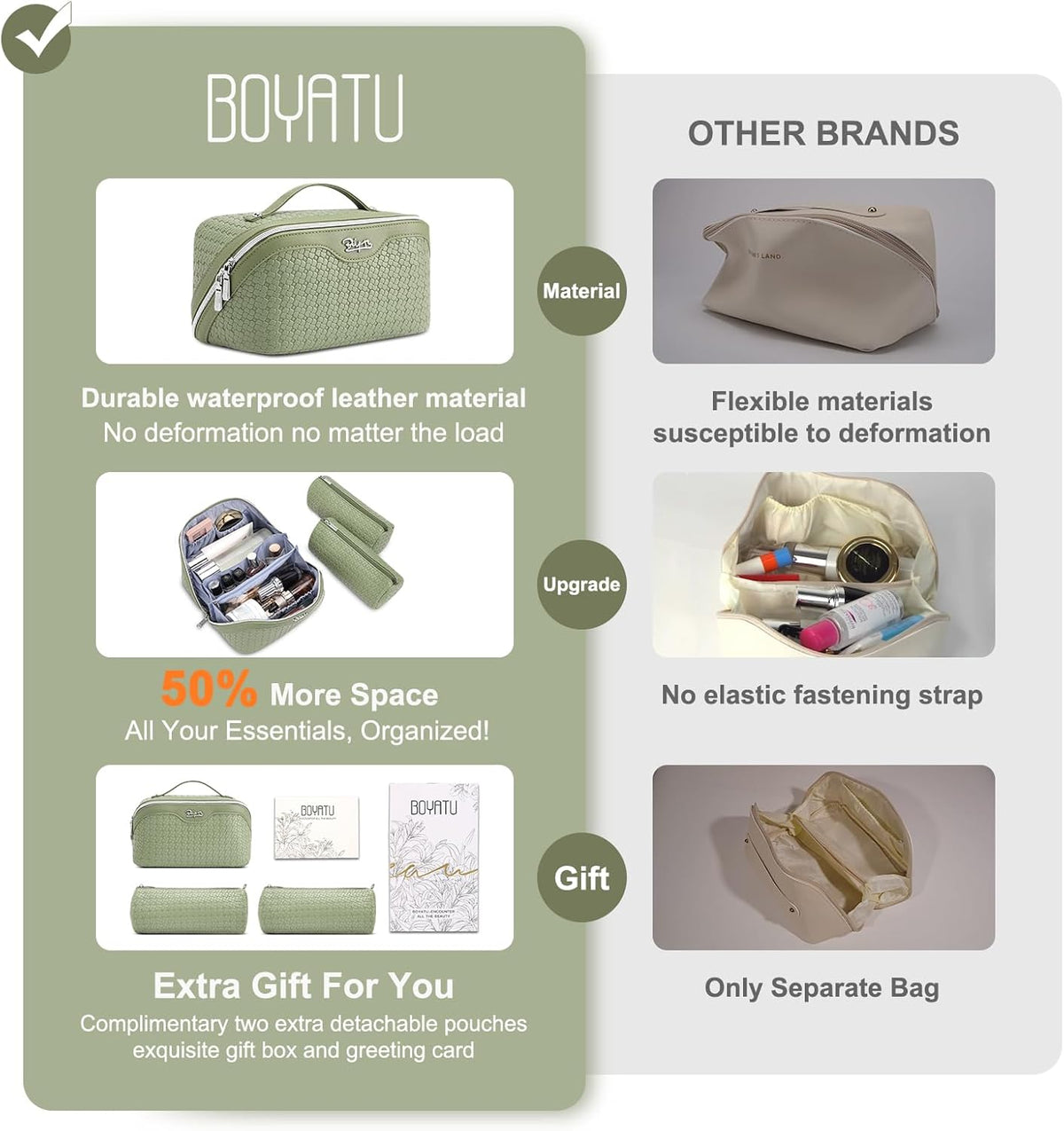 Travel Makeup Bag Cosmetic Bags for Women: Large Capacity 3 Pcs Set Make up Bag with Compartments - Waterproof Vegan Leather Toiletry Organizer Bags with Handle (Z-65Light Green)