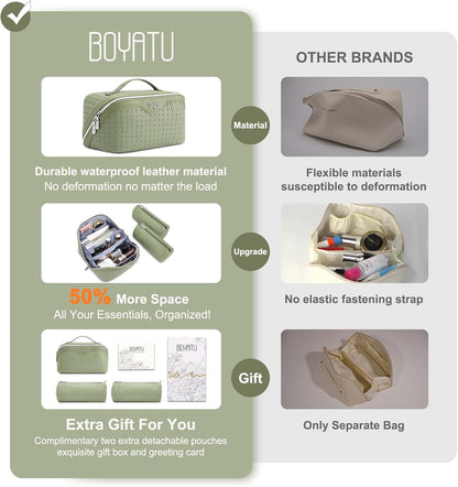 Travel Makeup Bag Cosmetic Bags for Women: Large Capacity 3 Pcs Set Make up Bag with Compartments - Waterproof Vegan Leather Toiletry Organizer Bags with Handle (Z-65Light Green)