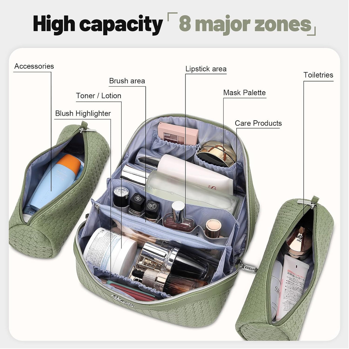 Travel Makeup Bag Cosmetic Bags for Women: Large Capacity 3 Pcs Set Make up Bag with Compartments - Waterproof Vegan Leather Toiletry Organizer Bags with Handle (Z-65Light Green)