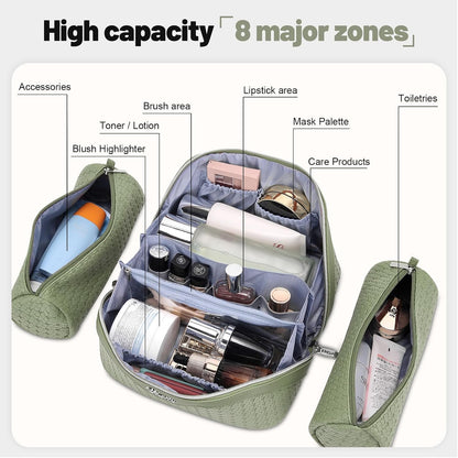 Travel Makeup Bag Cosmetic Bags for Women: Large Capacity 3 Pcs Set Make up Bag with Compartments - Waterproof Vegan Leather Toiletry Organizer Bags with Handle (Z-65Light Green)