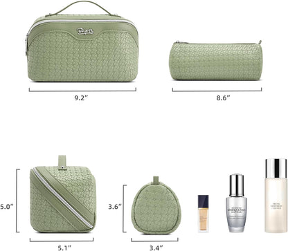 Travel Makeup Bag Cosmetic Bags for Women: Large Capacity 3 Pcs Set Make up Bag with Compartments - Waterproof Vegan Leather Toiletry Organizer Bags with Handle (Z-65Light Green)
