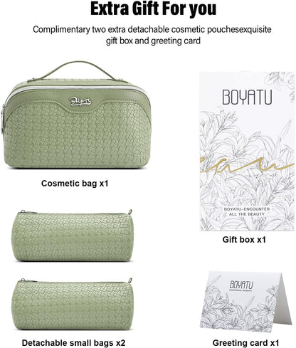 Travel Makeup Bag Cosmetic Bags for Women: Large Capacity 3 Pcs Set Make up Bag with Compartments - Waterproof Vegan Leather Toiletry Organizer Bags with Handle (Z-65Light Green)