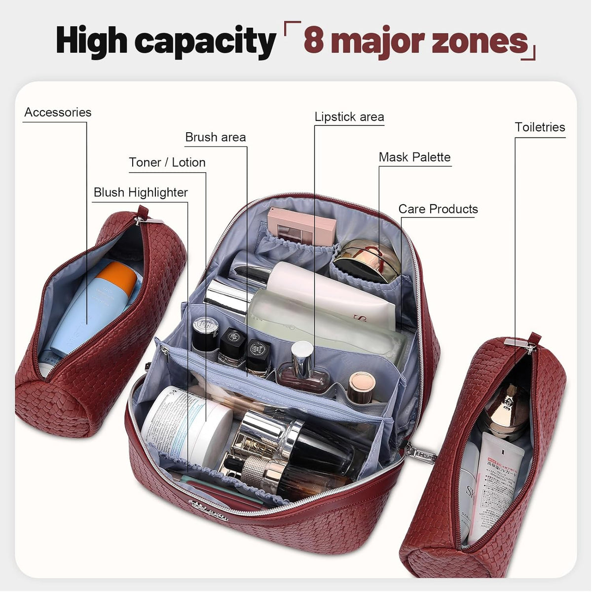 Travel Makeup Bag Cosmetic Bags for Women: Large Capacity 3 Pcs Set Make up Bag with Compartments - Waterproof Vegan Leather Toiletry Organizer Bags with Handle (Z-65Light Green)