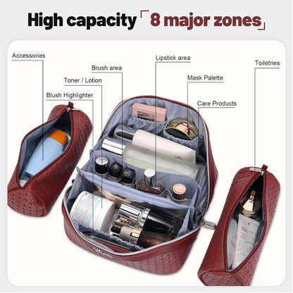 Travel Makeup Bag Cosmetic Bags for Women: Large Capacity 3 Pcs Set Make up Bag with Compartments - Waterproof Vegan Leather Toiletry Organizer Bags with Handle (Z-65Light Green)