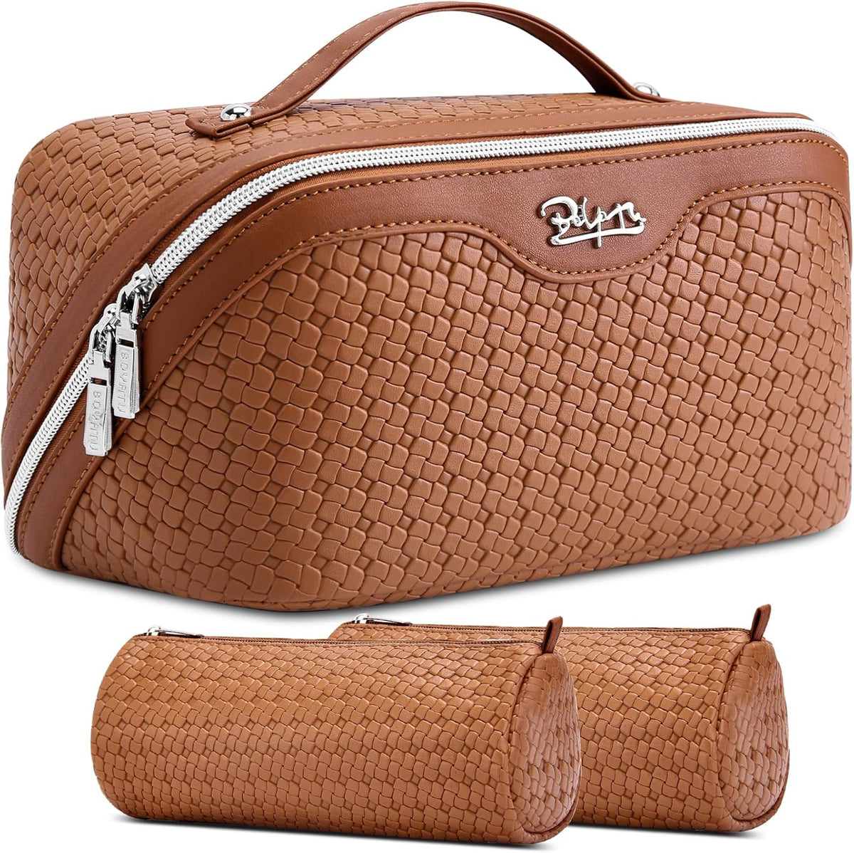 Travel Makeup Bag Cosmetic Bags for Women: Large Capacity 3 Pcs Set Make up Bag with Compartments - Waterproof Vegan Leather Toiletry Organizer Bags with Handle (Z-65Light Green)
