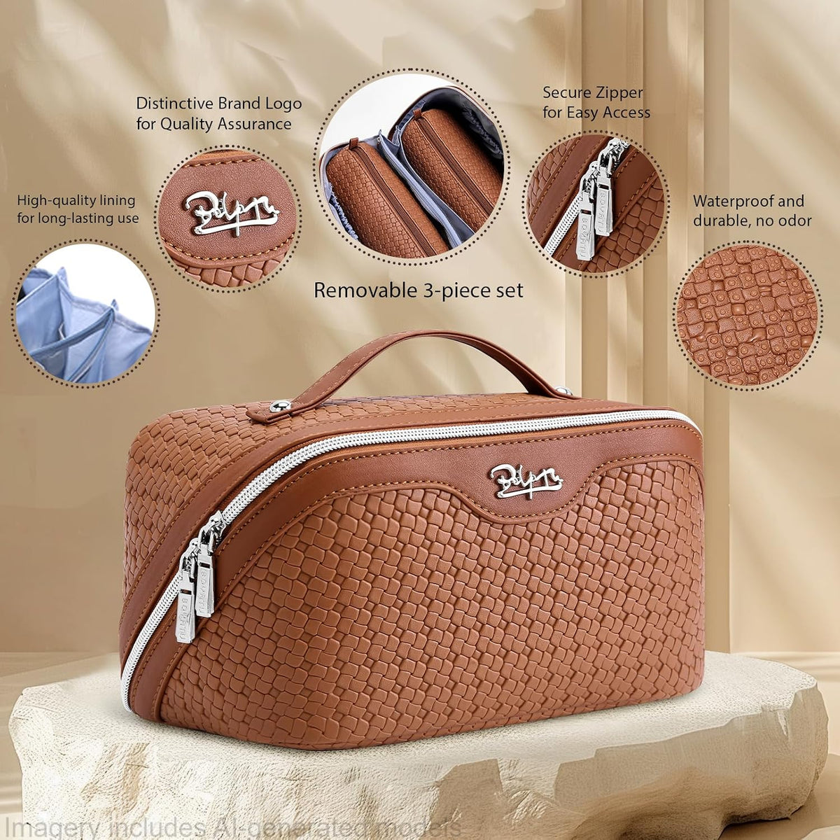 Travel Makeup Bag Cosmetic Bags for Women: Large Capacity 3 Pcs Set Make up Bag with Compartments - Waterproof Vegan Leather Toiletry Organizer Bags with Handle (Z-65Light Green)
