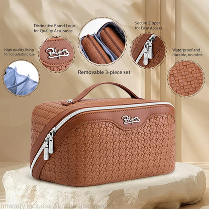 Travel Makeup Bag Cosmetic Bags for Women: Large Capacity 3 Pcs Set Make up Bag with Compartments - Waterproof Vegan Leather Toiletry Organizer Bags with Handle (Z-65Light Green)