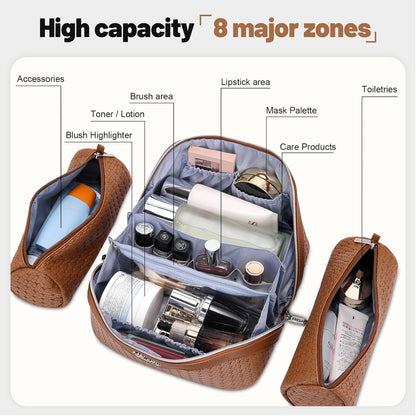 Travel Makeup Bag Cosmetic Bags for Women: Large Capacity 3 Pcs Set Make up Bag with Compartments - Waterproof Vegan Leather Toiletry Organizer Bags with Handle (Z-65Light Green)