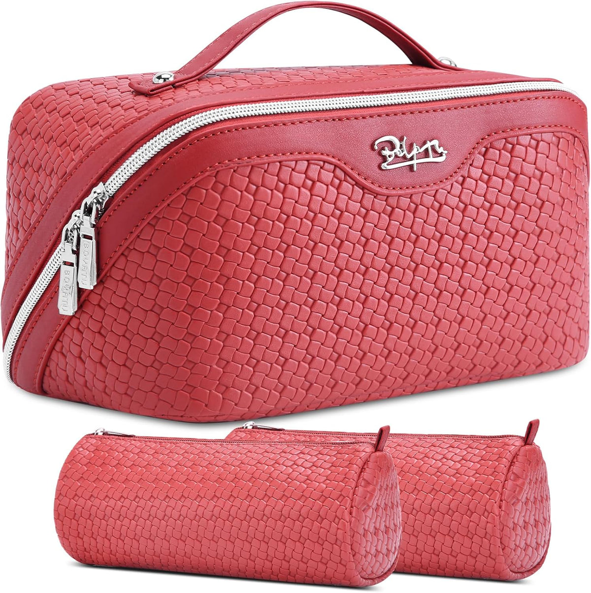 Travel Makeup Bag Cosmetic Bags for Women: Large Capacity 3 Pcs Set Make up Bag with Compartments - Waterproof Vegan Leather Toiletry Organizer Bags with Handle (Z-65Light Green)