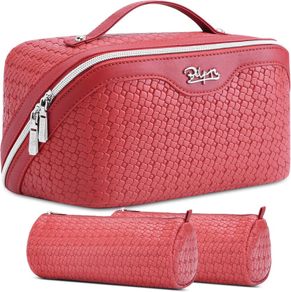 Travel Makeup Bag Cosmetic Bags for Women: Large Capacity 3 Pcs Set Make up Bag with Compartments - Waterproof Vegan Leather Toiletry Organizer Bags with Handle (Z-65Light Green)