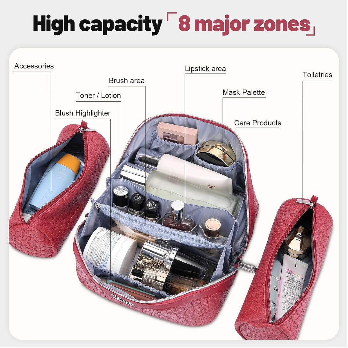Travel Makeup Bag Cosmetic Bags for Women: Large Capacity 3 Pcs Set Make up Bag with Compartments - Waterproof Vegan Leather Toiletry Organizer Bags with Handle (Z-65Light Green)