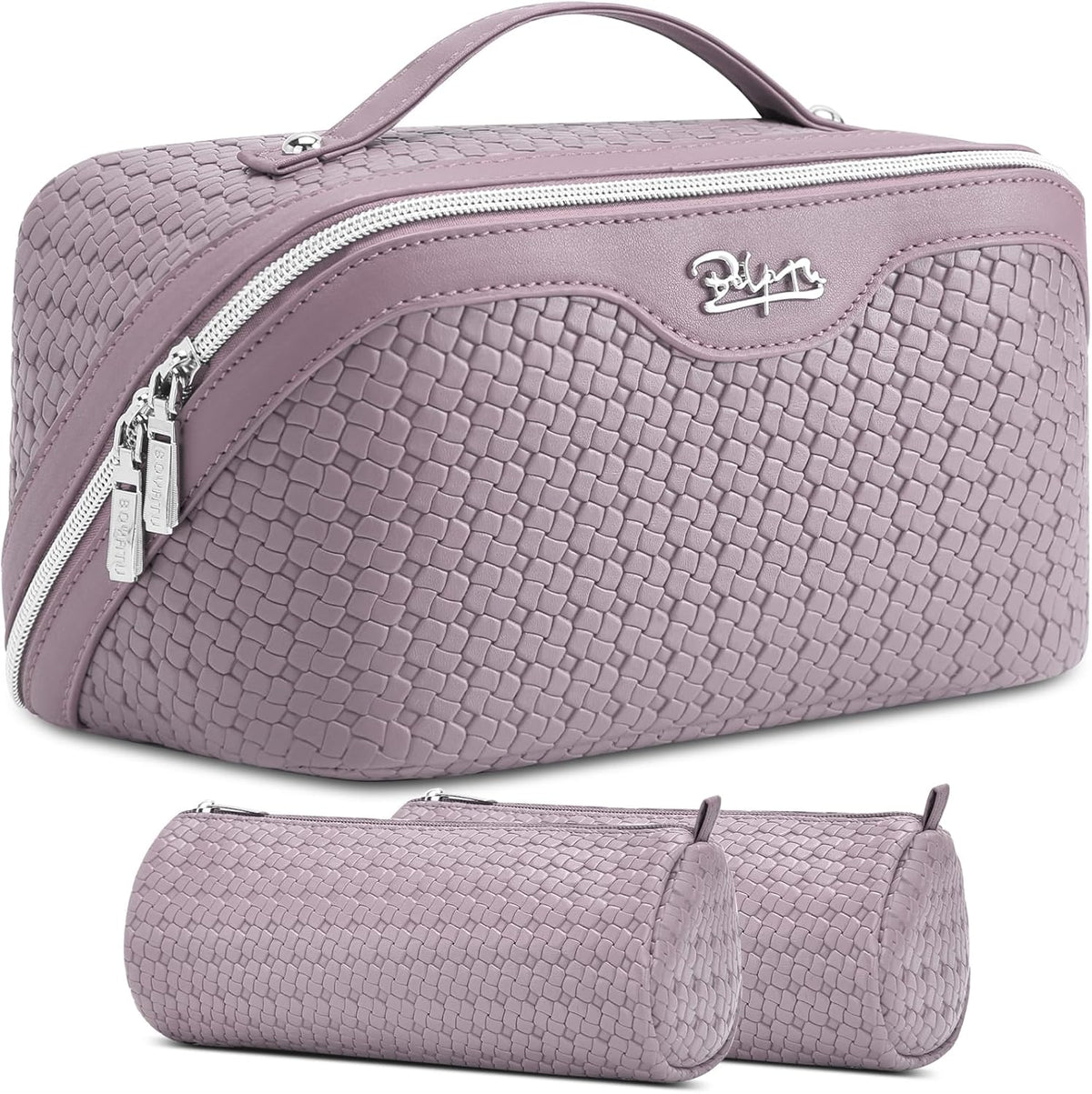 Travel Makeup Bag Cosmetic Bags for Women: Large Capacity 3 Pcs Set Make up Bag with Compartments - Waterproof Vegan Leather Toiletry Organizer Bags with Handle (Z-65Light Green)