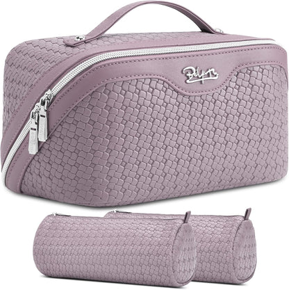 Travel Makeup Bag Cosmetic Bags for Women: Large Capacity 3 Pcs Set Make up Bag with Compartments - Waterproof Vegan Leather Toiletry Organizer Bags with Handle (Z-65Light Green)