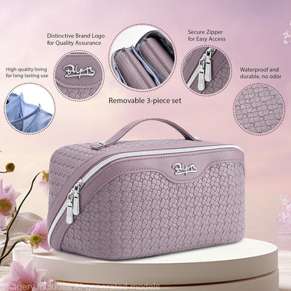 Travel Makeup Bag Cosmetic Bags for Women: Large Capacity 3 Pcs Set Make up Bag with Compartments - Waterproof Vegan Leather Toiletry Organizer Bags with Handle (Z-65Light Green)