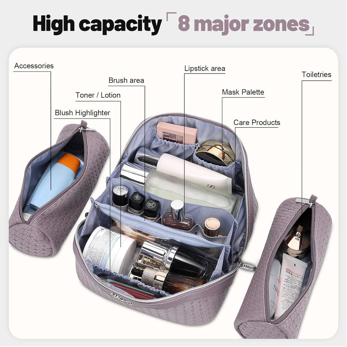 Travel Makeup Bag Cosmetic Bags for Women: Large Capacity 3 Pcs Set Make up Bag with Compartments - Waterproof Vegan Leather Toiletry Organizer Bags with Handle (Z-65Light Green)
