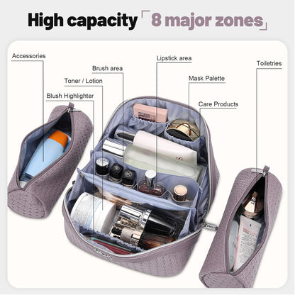 Travel Makeup Bag Cosmetic Bags for Women: Large Capacity 3 Pcs Set Make up Bag with Compartments - Waterproof Vegan Leather Toiletry Organizer Bags with Handle (Z-65Light Green)