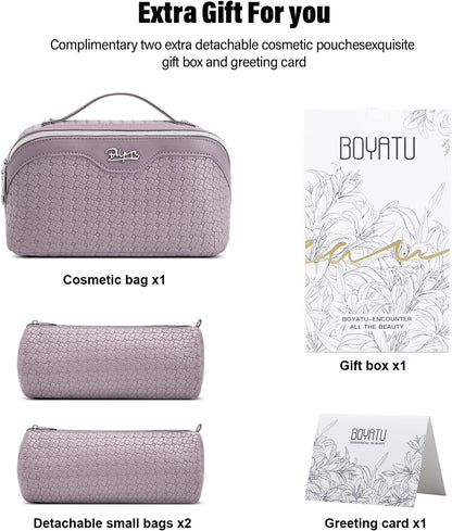 Travel Makeup Bag Cosmetic Bags for Women: Large Capacity 3 Pcs Set Make up Bag with Compartments - Waterproof Vegan Leather Toiletry Organizer Bags with Handle (Z-65Light Green)